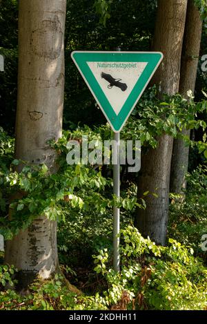 Panneau « Naturschutzgebiet » au bord d’une forêt, marquant une réserve naturelle et une zone de conservation, Allemagne Banque D'Images