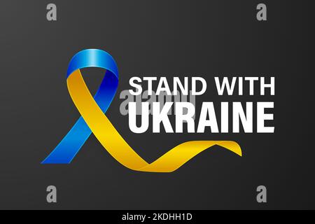 Tenez-vous avec l'Ukraine. Appel anti-guerre avec le petit bol de la paix avec ruban de soie bleu et jaune. Couleurs des drapeaux ukraniens. Lutte, protestation, soutien à l'Ukraine Illustration de Vecteur