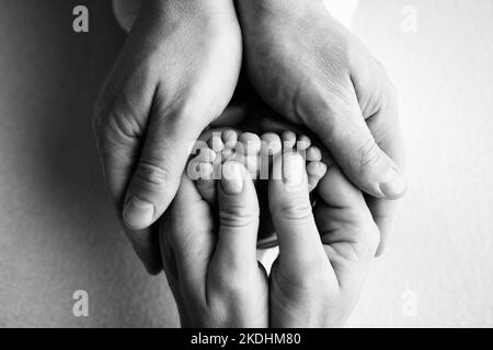 Les paumes des parents maintiennent les pieds du nouveau-né. Banque D'Images