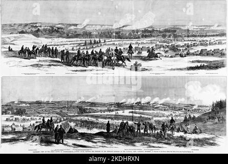 Vue panoramique de la grande bataille de Fredericksburg, en regardant vers le sud, montrant les positions des différentes divisions de l'Armée nationale, samedi, 13 décembre 1862. Illustration de la guerre de Sécession américaine du 19th siècle tirée du journal illustré de Frank Leslie Banque D'Images