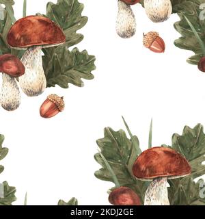 Ensemble de champignons blancs, d'herbes, de feuilles de chêne et d'acornes. Illustration aquarelle dessinée à la main. Isoler sur fond blanc. Motif sans couture Banque D'Images