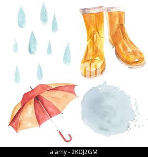 Parapluie et bottes en caoutchouc jaune. Éclaboussures et gouttes de pluie. Illustration aquarelle sur fond blanc. Isolats Banque D'Images