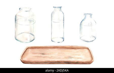 Jeu de bouteille en verre transparent, vase, pot de différentes formes et plateau en bois de la vue latérale. Illustration aquarelle sur fond blanc. Pour les fleurs Banque D'Images