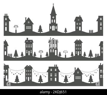 Paysages d'hiver du quartier de banlieue. Silhouette de maisons et d'église sur la ligne d'horizon. Maisons de campagne. Illustration transparente du vecteur glyphe Illustration de Vecteur
