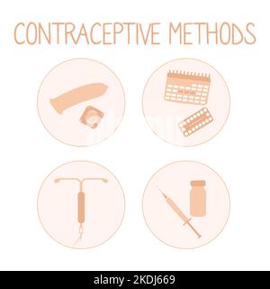 Ensemble d'icônes de méthodes contraceptives. Prévention de la grossesse linéaire simple illustration. Signes de contraception. Vecteur Illustration de Vecteur