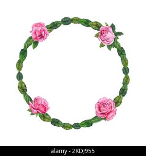 Couronne d'illustration florale à motif roses aquarelle. Fleurs roses dessinées à la main avec feuilles vertes sur fond blanc. Pour les cartes, les invitations de mariage et d'événements Banque D'Images