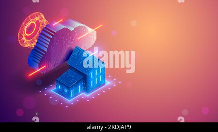 Bannière concept de système de technologie Smart Home. La maison se compose de chiffres et est connectée à des appareils domestiques intelligents par le biais du stockage dans le cloud. Commande numérique Illustration de Vecteur