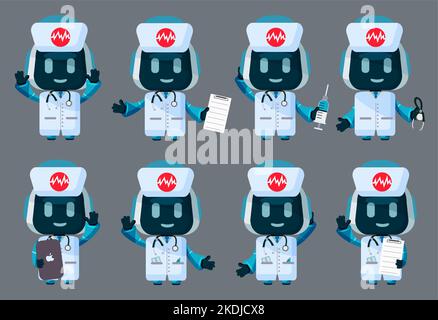 Jeu de vecteurs de caractères d'infirmière de robot. Des personnages médicaux robotisés aux visages amicaux et uniformes isolés sur fond blanc pour la conception de la collection d'ai. Illustration de Vecteur