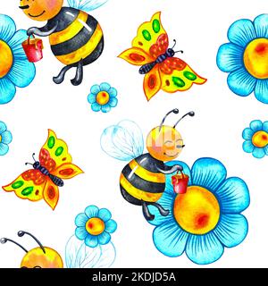 Fleurs de camomille sans couture, dessins animés des abeilles et des papillons avec miel sur fond blanc. Illustration aquarelle. Pour le textile des enfants Banque D'Images