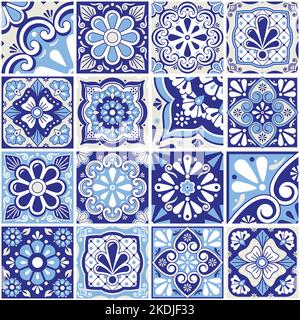 Talavera mexicain carreaux grande collection, décoratif sans couture motif vectoriel avec fleurs, feuilles et tourbillons bleu marine Illustration de Vecteur