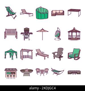Mobilier de jardin couleur ligne icônes ensemble. Pictogrammes pour la page Web Illustration de Vecteur