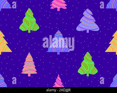 Motif de Noël sans couture avec sapins et neige tombant. Joyeux Noël et Bonne Année. Arbres de Noël à rayures. Design festif Illustration de Vecteur
