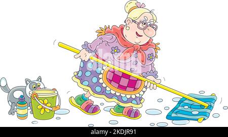 Drôle de femme de ménage gras laver un sol avec un chiffon et de l'eau d'un seau Illustration de Vecteur
