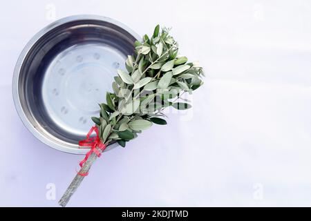 Semaine Sainte. Faisceau de branches et de bassin avec de l'eau sainte à saupoudrer. Célébration catholique traditionnelle Palm dimanche. Foi chrétienne. Symbole religieux. Banque D'Images