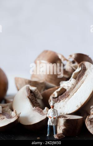 Champignons de châtaigne tranchés sur une planche à découper en ardoise, avec un chef miniature en uniforme Banque D'Images