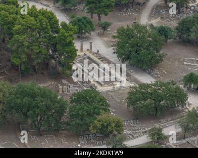 Vue aérienne du parc archéologique d'Olympie en Grèce site des Jeux Olympiques anciens Banque D'Images