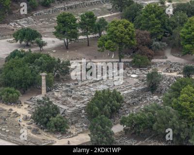 Vue aérienne du parc archéologique d'Olympie en Grèce site des Jeux Olympiques anciens Banque D'Images