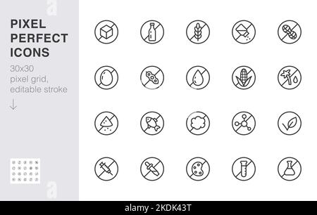 Ensemble d'icônes de la ligne d'allergènes alimentaires. Sans gluten, sucre, lactose, hormone, sans arachide, illustration de vecteur minimal sans soja, gras. Signe de contour simple pour Illustration de Vecteur