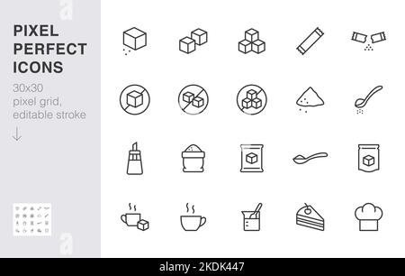 Ensemble d'icônes de la ligne de sucre. Édulcorant, poudre, glucose, sachet, sachet, illustration vectorielle minimaliste soluble, pack, café. Signe de contour simple pour doux Illustration de Vecteur