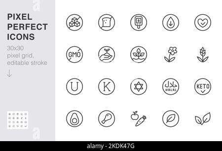 Ensemble d'icônes de la gamme de régimes alimentaires. Halal, durable, nutrition paléolocale, diabétique amical, sans sucre illustration de vecteur minimal. Signe de contour simple pour Illustration de Vecteur