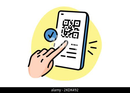 Icône de la ligne de couleur du certificat COVID numérique de l'UE. Lecture de code QR dans un smartphone. Illustration de Vecteur