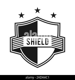 Modèle de logo Shield avec trois étoiles. Emblème de l'équipe sportive avec ruban et texte. Badge monochrome de forme rétro. Illustration vectorielle. Illustration de Vecteur