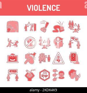 Jeu d'icônes de ligne de couleur de violence. Harcèlement, abus social et intimidation. Illustration de Vecteur