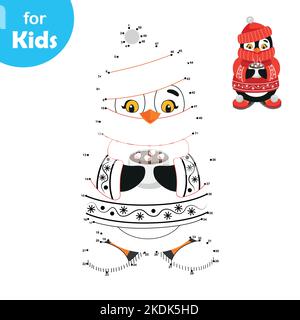 Point par point. Manchot en chandail et une tasse de cacao. Jeu éducatif pour les enfants Illustration de Vecteur