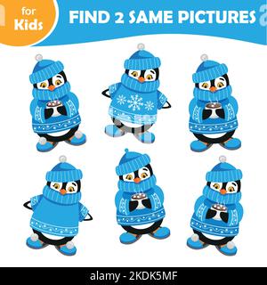 mini-jeu pour enfants, trouvez 2 pingouins identiques. Série d'hiver. Personnage de dessin animé Illustration de Vecteur