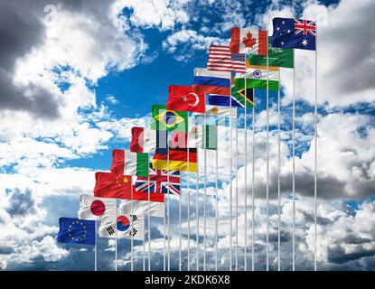 G20 concept de sommet ou de réunion. Une série de G20 drapeaux et une liste de pays G20 Présidence de l'Indonésie Banque D'Images