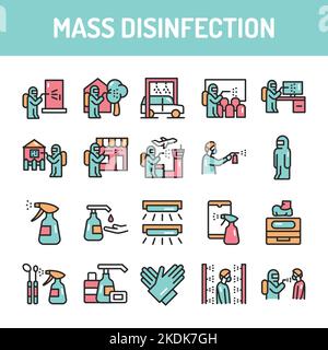 Jeu d'icônes de ligne de couleur de désinfection de masse. Elément vectoriel isolé. Illustration de Vecteur