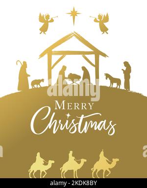 Joyeux Noël scène dorée de la Nativité avec la Sainte famille et la calligraphie. Marie, Joseph, bébé Jésus, bergers et sages en silhouette avec des anges Illustration de Vecteur