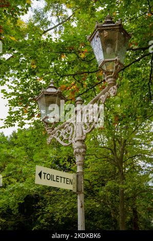 Un panneau de toilette allemand ou de toilette Toiletten sur un ancien poteau de lampe de temps devant un arbre Banque D'Images