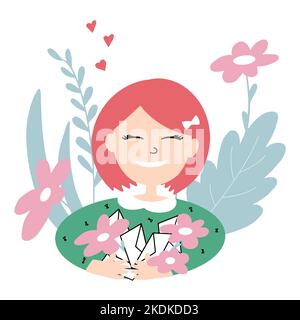 Bonne fille mignonne tient des fleurs et des lettres en papier dans ses mains. Saint Valentin Illustration de Vecteur