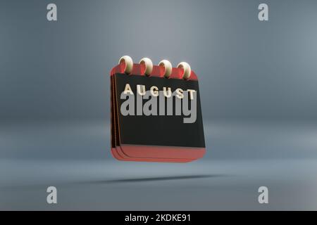 Calendrier de bureau noir et rouge debout avec ligne de mois avec date août . Design moderne avec éléments dorés, 3D images de rendu. Fond gris bleu Banque D'Images