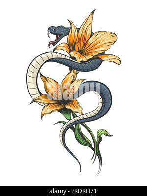 Tatouage coloré de serpent dans des fleurs d'orchidées isolées sur blanc. Illustration vectorielle. Illustration de Vecteur