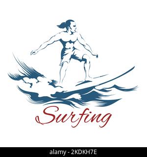 Surfing Emblem avec Surfer Riding sur un long conseil et l'intitulé Surfing isolé sur blanc. Illustration vectorielle. Illustration de Vecteur