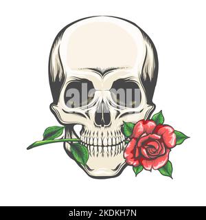 Tatouage de crâne avec une rose dans les dents isolées sur blanc. Illustration vectorielle. Illustration de Vecteur