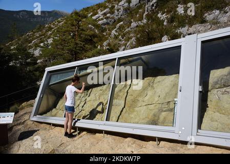 Jeunes touristes visitant le site protégé de sirenia préhistorique fossilisé, ou vaches de mer, ancêtres de dugong et lamantins dans la vallée de Sirenia Provence France Banque D'Images