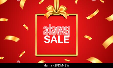 Cadre de boîte-cadeau doré avec ruban de satin éclaté et texte promotionnel DE NOËL sur fond rouge. Solde de Noël, motif vectoriel de cartes-cadeaux. Illustration de Vecteur