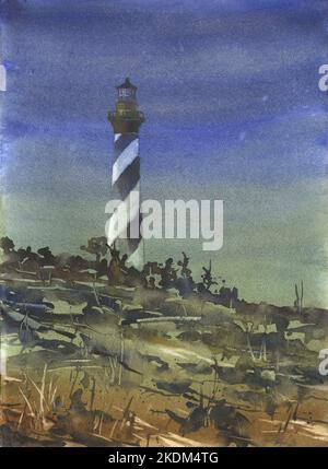 Peinture aquarelle Cape Hatteras. Décor coloré de mur de maison phare Cape Hatteras Outer Banks OBX œuvres d'art Banque D'Images