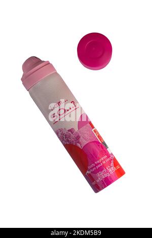 Je suis ainsi...? Parfum de corps avec couvercle enlevé isolé sur fond blanc Banque D'Images