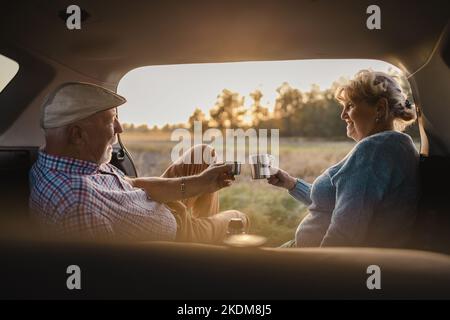 Heureux couple senior assis dans le coffre ouvert en voiture dans la nature Banque D'Images