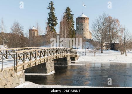 Winter landscape of Savonlinna, Finland. Bridge to Olavinlinna castle Stock Photo