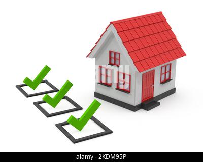 Red House et Checklist , c'est une image générée par ordinateur en 3D. Isolé sur blanc. Banque D'Images
