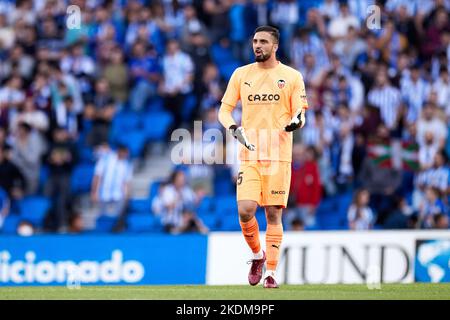 San Sebastian, Espagne - 06/11/2022, Giorgi Mamardashvili de Valence CF réagit pendant le championnat d'Espagne la Liga match de football entre Real Sociedad et Valencia CF sur 6 novembre 2022 à la Reale Arena de San Sebastian, Espagne - photo: Ricardo Larreina/DPPI/LiveMedia Banque D'Images