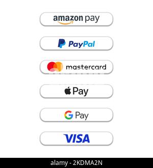 Système de paiement en Amérique via Amazon Pay, Paypal, Mastercard, Apple Pay, Google Pay et Visa Banque D'Images