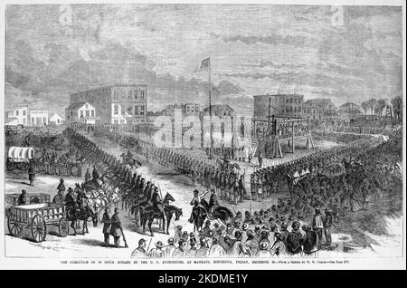 L'exécution de Sioux Indians par les autorités des États-Unis, à Mankato, Minnesota, vendredi, 26 décembre, 1862. La plus grande exécution de masse d'une journée dans l'histoire américaine. Guerre du Dakota de 1862. Illustration du 19th siècle du journal illustré de Frank Leslie Banque D'Images