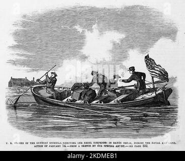 Marins des États-Unis de l'estrella, le retrait des torpilles Rebel à Bayou Teche, en Louisiane, au cours de l'action navale et terrestre de 14 janvier 1863. Illustration de la guerre de Sécession américaine du 19th siècle tirée du journal illustré de Frank Leslie Banque D'Images