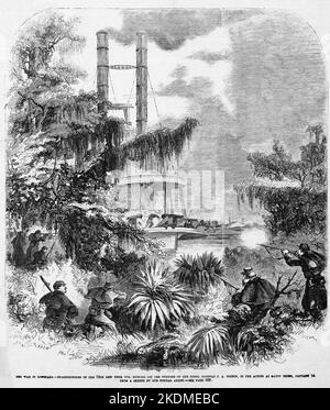 La guerre en Louisiane - les sharpshooters des 75th volontaires de New York qui ramassent les tireurs sur le chaloupe rebelle J. A. Cotton, dans l'action de Bayou Teche, 14 janvier 1863. Illustration de la guerre de Sécession américaine du 19th siècle tirée du journal illustré de Frank Leslie Banque D'Images